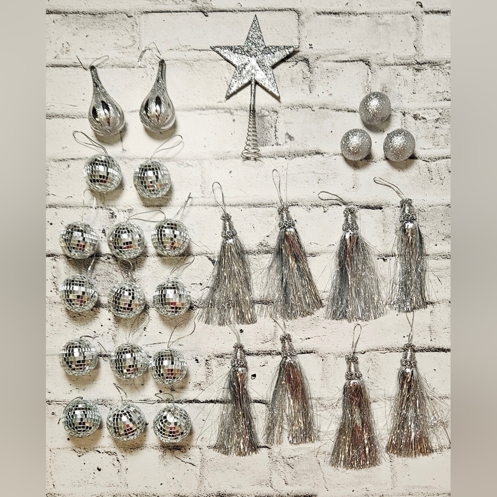 Silver Christmas Ornament Lot 26 Pc Disco Balls Tassels Star Tree Topper Glam